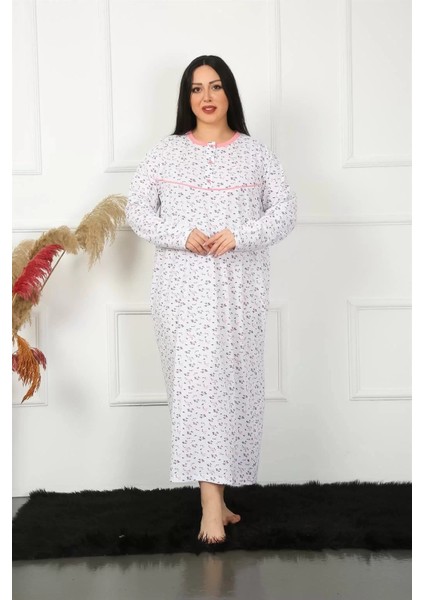 Moda Büyük Beden Uzun Kol Beyaz Anne Gecelik
