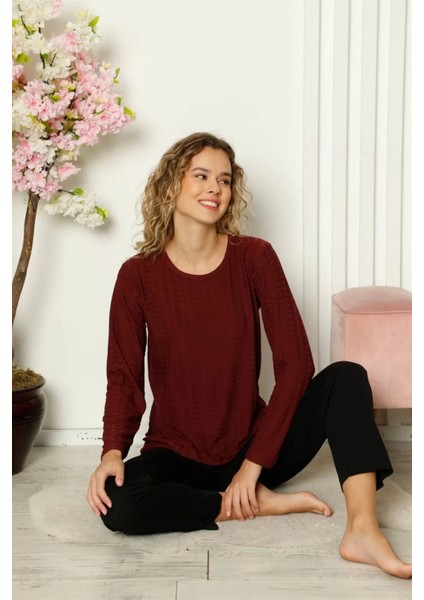Moda Kadın Penye Uzun Kol Pijama Takım Bordo fiyatları