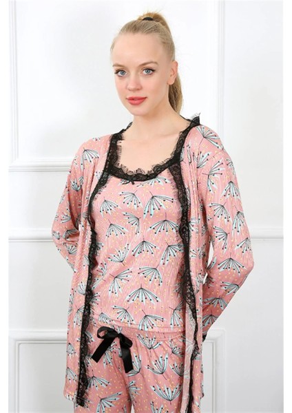 Moda Kadın 3'lü Somon Sabahlık Pijama Takım fiyatları
