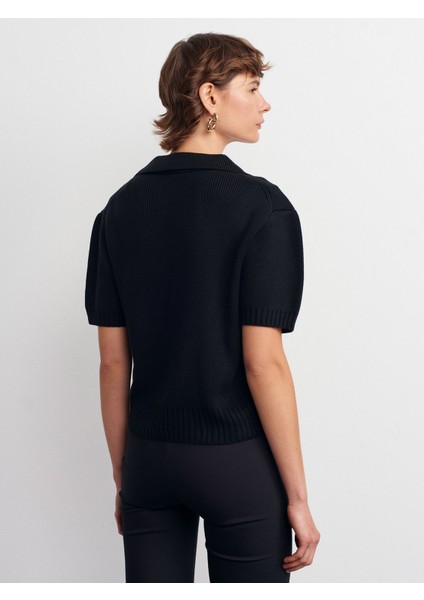 10809 Polo Yaka Fiyonklu Triko Kazak-Siyah fiyatları