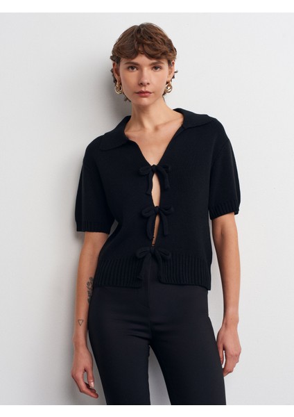 10809 Polo Yaka Fiyonklu Triko Kazak-Siyah modelleri