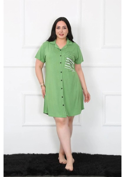 Moda Büyük Beden Penye Düğmeli Yeşil Tunik Gecelik modelleri