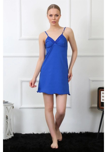 Moda Kadın Ip Askılı Saks Penye Gecelik