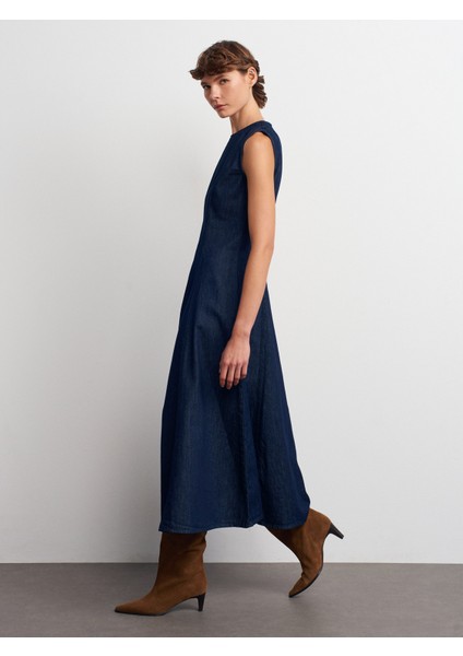 90577 Sıfır Yaka Kloş Elbise-Lacivert