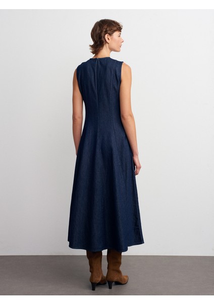 90577 Sıfır Yaka Kloş Elbise-Lacivert fiyatları