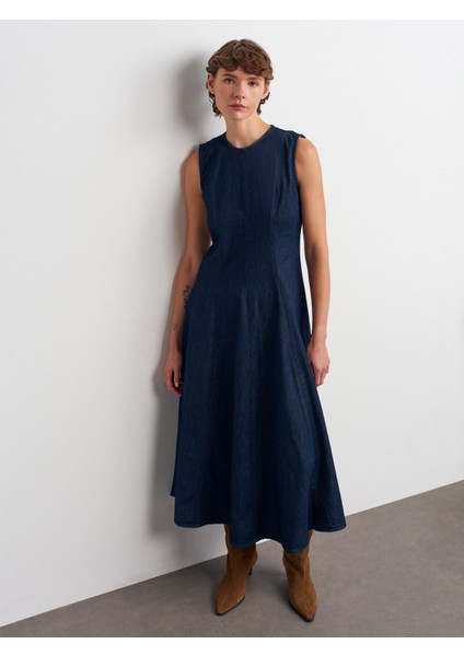 90577 Sıfır Yaka Kloş Elbise-Lacivert modelleri