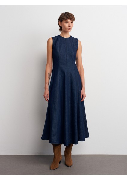 90577 Sıfır Yaka Kloş Elbise-Lacivert indirimleri