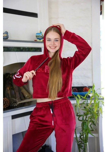 Moda Kadın Kadife Kapşonlu Eşofman Takım Bordo