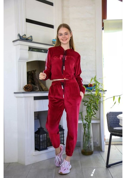 Moda Kadın Kadife Kapşonlu Eşofman Takım Bordo modelleri