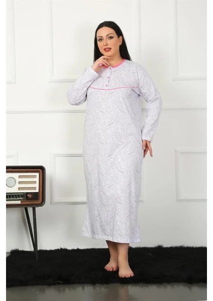 Moda Büyük Beden Uzun Kol Fuşya Anne Gecelik