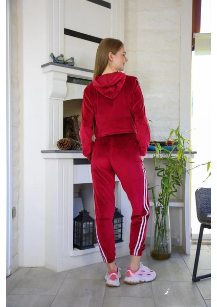 Moda Kadın Kadife Kapşonlu Eşofman Takım Bordo fırsatları