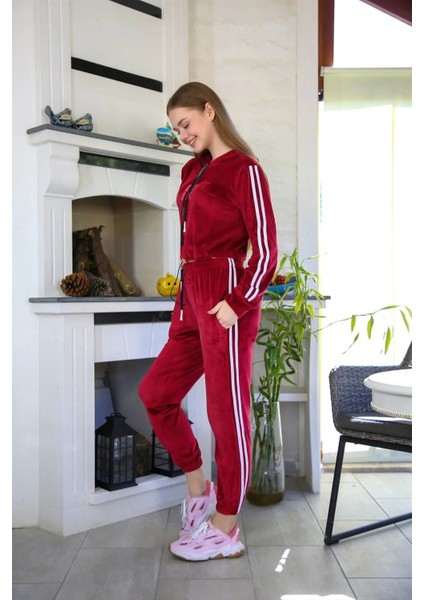 Moda Kadın Kadife Kapşonlu Eşofman Takım Bordo indirimleri
