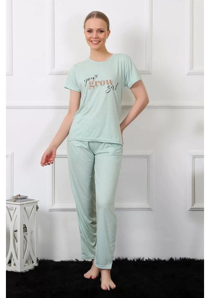 Moda Kadın Kısa Kol Pijama Takım Su Yeşili