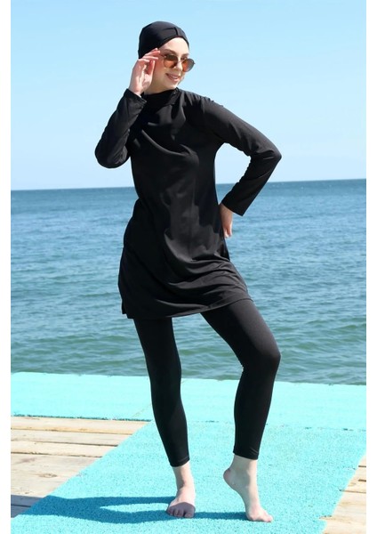 Moda Uzun Kol Likralı Siyah Tesettür Mayo