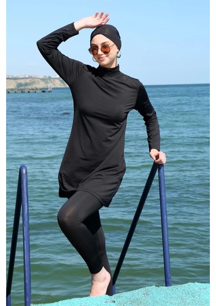 Moda Uzun Kol Likralı Siyah Tesettür Mayo modelleri