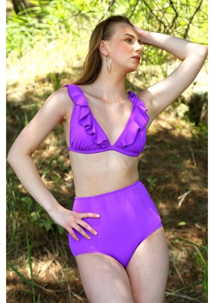 Moda Kadın Fırfırlı Yüksek Bel Mor Bikini fiyatları