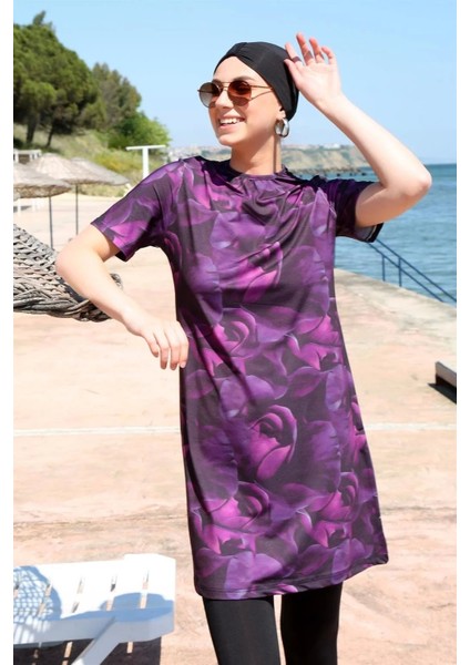 Moda Kısa Kol Güllü Yarım Tesettür Mayo Mor fiyatları