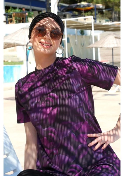 Moda Kısa Kol Güllü Yarım Tesettür Mayo Mor fırsatları