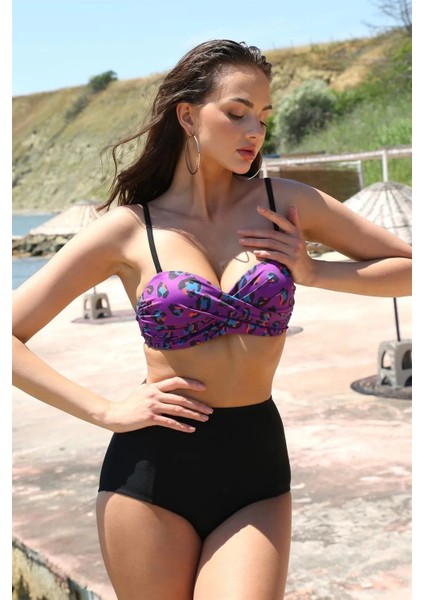 Moda Kadın Yüksel Bel Straplez Mor Bikini fiyatları