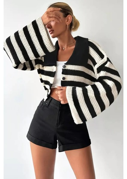 Kadın Ön Düğmeli Renk Şeritli Ispanyol Kol Örme Triko Hırka P-00018399 modelleri