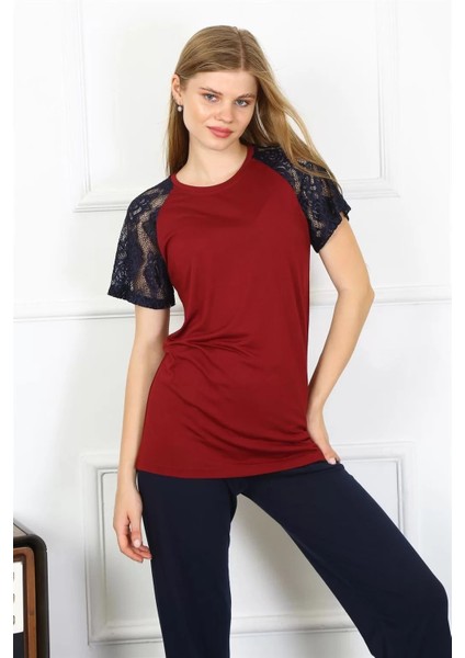 Moda Kadın Kolu Dantelli Penye Pijama Takım Bordo