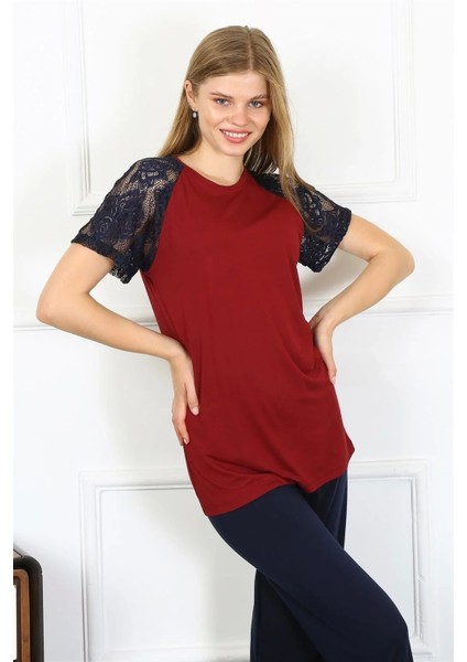 Moda Kadın Kolu Dantelli Penye Pijama Takım Bordo fiyatları