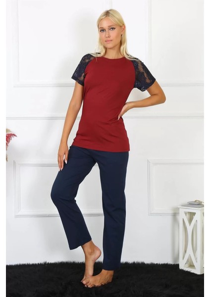 Moda Kadın Kolu Dantelli Penye Pijama Takım Bordo indirimleri