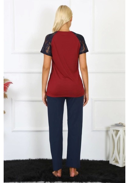 Moda Kadın Kolu Dantelli Penye Pijama Takım Bordo