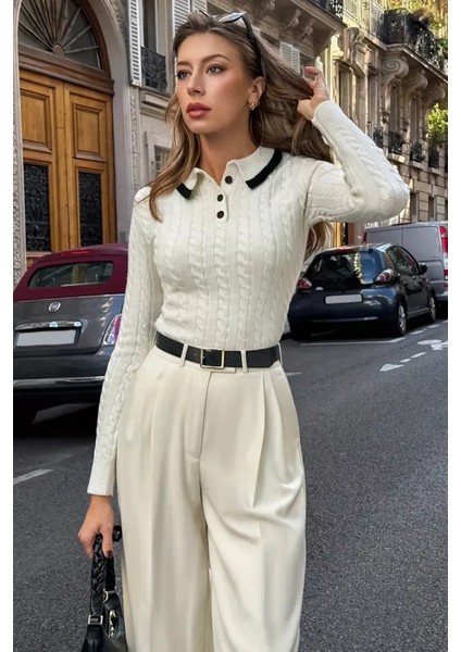 Polo Yaka Yarım Düğmeli Kadın Triko Kazak (S,m,l Uyumludur) P-00018295 modelleri