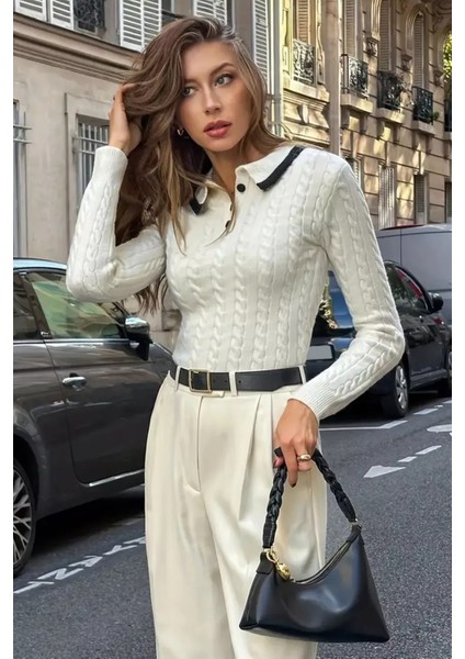 Polo Yaka Yarım Düğmeli Kadın Triko Kazak (S,m,l Uyumludur) P-00018295 indirimleri