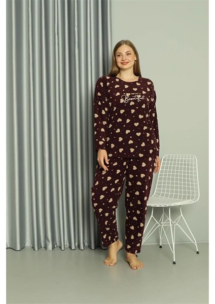 Moda Polar Kadın Büyük Beden Pijama Takımı Bordo