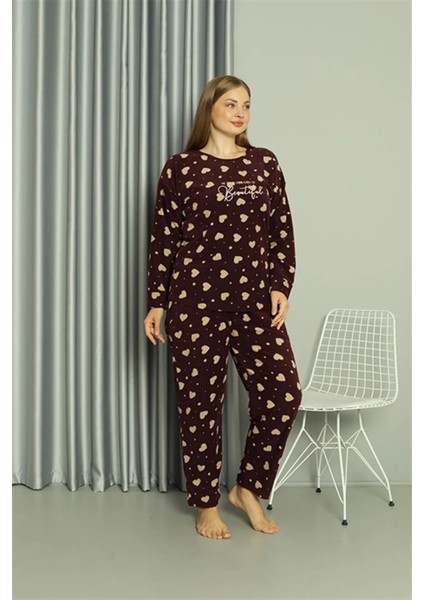 Moda Polar Kadın Büyük Beden Pijama Takımı Bordo modelleri