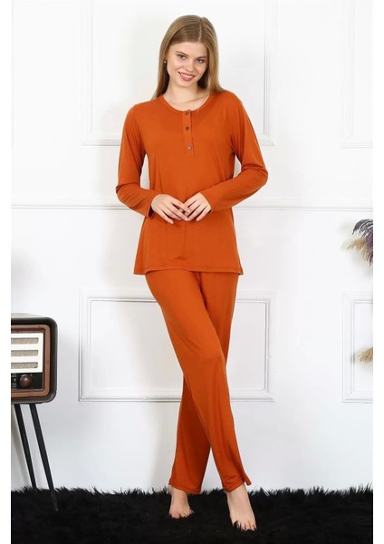 Moda Kadın Penye Uzun Kol Patlı Pijama Takım Kiremit