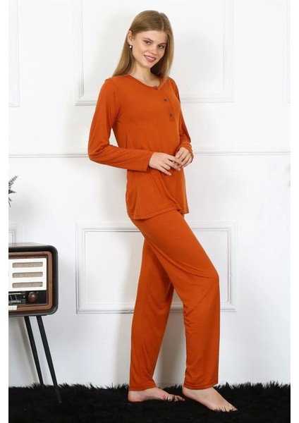 Moda Kadın Penye Uzun Kol Patlı Pijama Takım Kiremit fiyatları