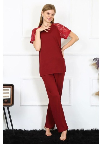 Moda Kadın Kolu Dantelli Penye Pijama Takım Bordo