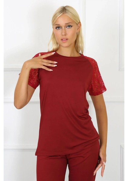 Moda Kadın Kolu Dantelli Penye Pijama Takım Bordo