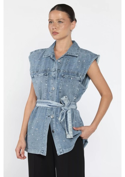 Kadın Zımba Detaylı Bel Kuşaklı Çift Cepli Jean Kot Yelek P-00018108