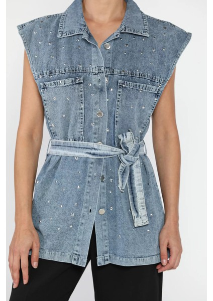 Kadın Zımba Detaylı Bel Kuşaklı Çift Cepli Jean Kot Yelek P-00018108 modelleri