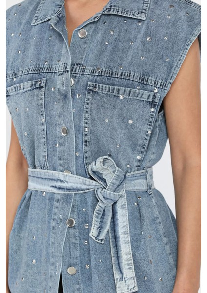 Kadın Zımba Detaylı Bel Kuşaklı Çift Cepli Jean Kot Yelek P-00018108 fırsatları