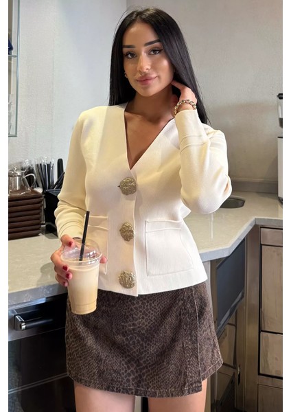 Çift Cepli Düğmeli Triko Ceket (S,m,l Uyumludur) P-00018218