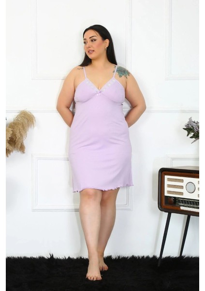 Moda Kadın Lila Pamuklu Ip Askılı Büyük Beden Gecelik