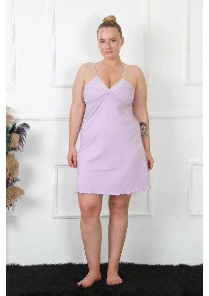 Moda Kadın Lila Pamuklu Ip Askılı Büyük Beden Gecelik