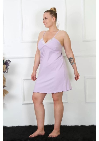 Moda Kadın Lila Pamuklu Ip Askılı Büyük Beden Gecelik
