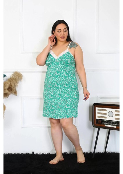 Moda Kadın Pamuklu Ip Askılı Büyük Beden Gecelik Turkuaz