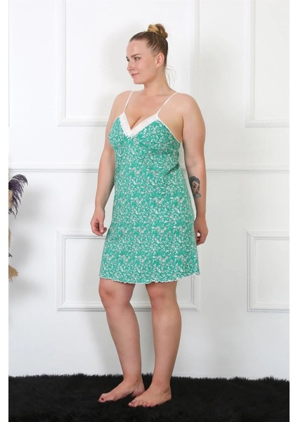 Moda Kadın Pamuklu Ip Askılı Büyük Beden Gecelik Turkuaz