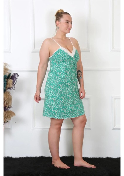 Moda Kadın Pamuklu Ip Askılı Büyük Beden Gecelik Turkuaz