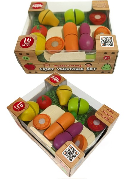 Ahşap Kutulu 16 Parça Kesilebilir Meyve Sebze Seti Doğrama Tahtalı ve Bıçaklı