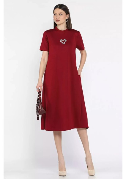 Bisiklet Yaka Taş Detaylı Cepli Kadın Kısa Kol Elbise P-00015797