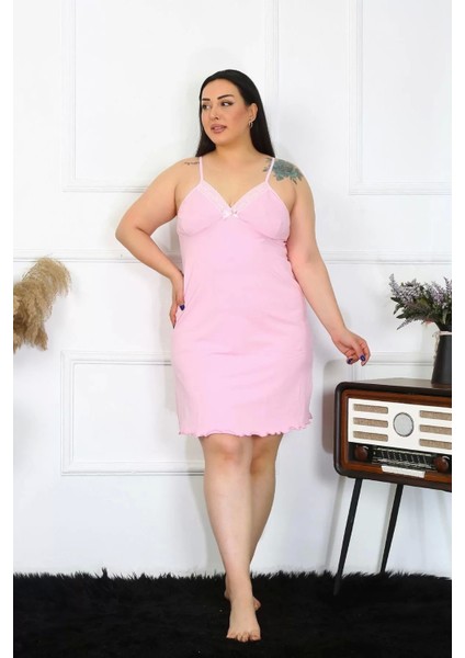 Moda Kadın Pembe Pamuklu Ip Askılı Büyük Beden Gecelik modelleri