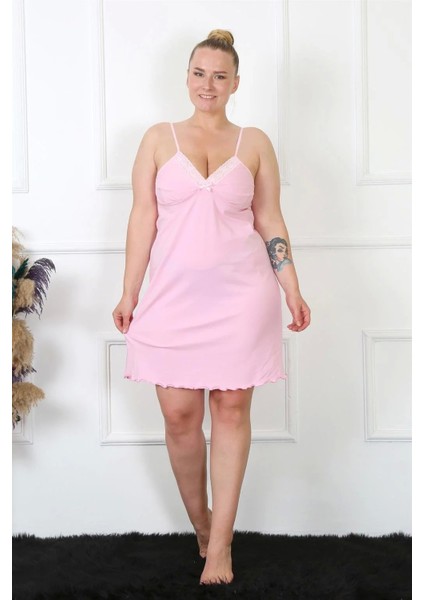 Moda Kadın Pembe Pamuklu Ip Askılı Büyük Beden Gecelik
